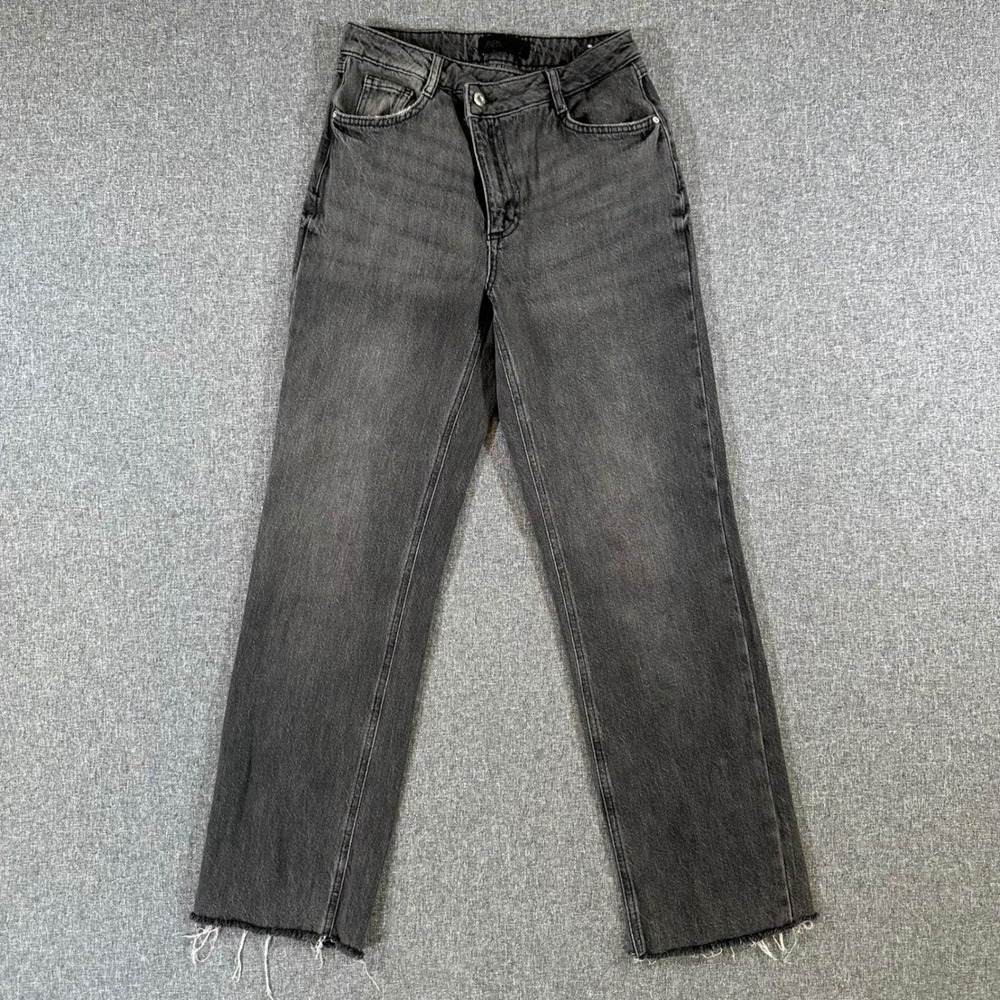 Zara Jeans Womens 25 Crossover Asymmetrical Washed Black High Rise Raw Hem